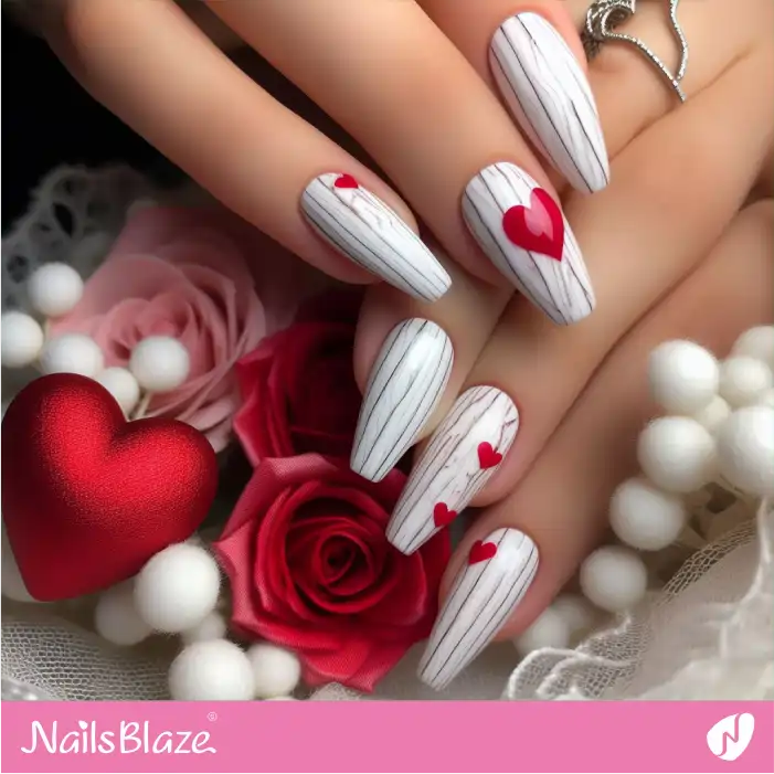 Red Hearts on Whitewashed Wood Texture Nails | Valentine Nails - NB2439